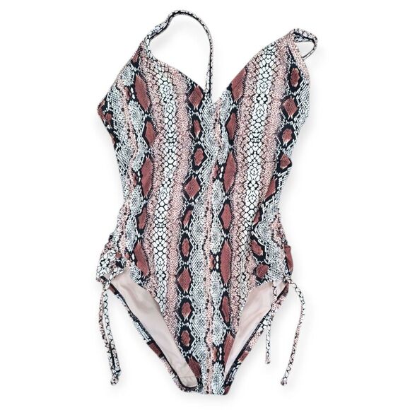 Kona Sol Size Small One Piece Swimsuit Tan Animal Print Snake Cross Back Cinched - Picture 1 of 3